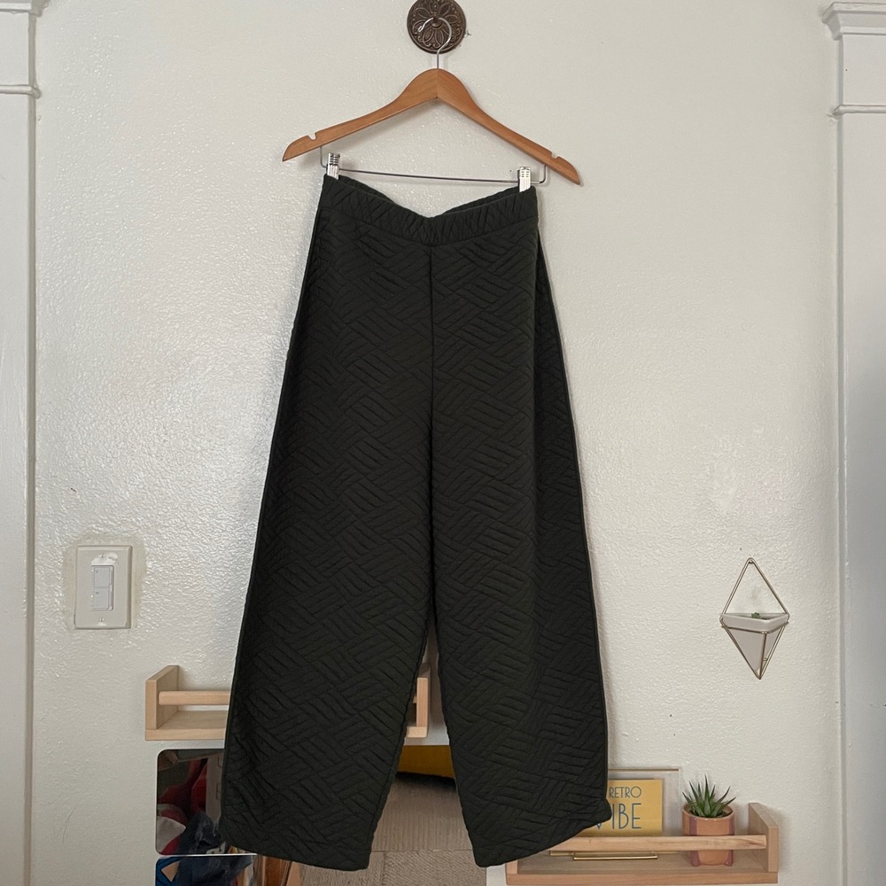 Zara Quilted Wide Leg Culotte Pants Dark Olive Green Textured High Rise Medium